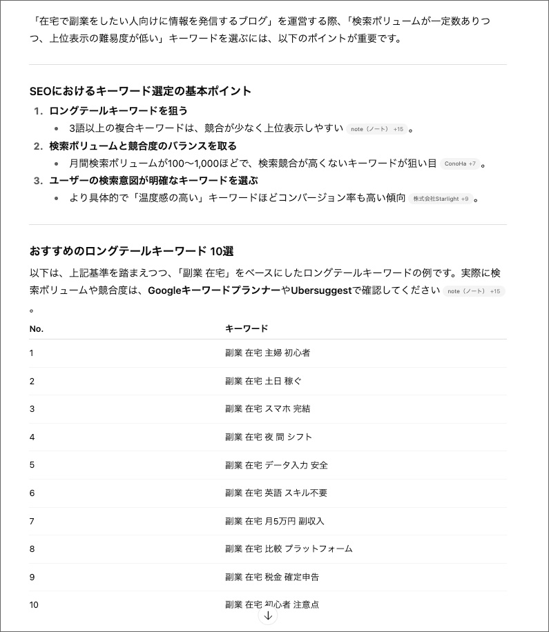 ChatGPTでSEOキーワードを調査する画面